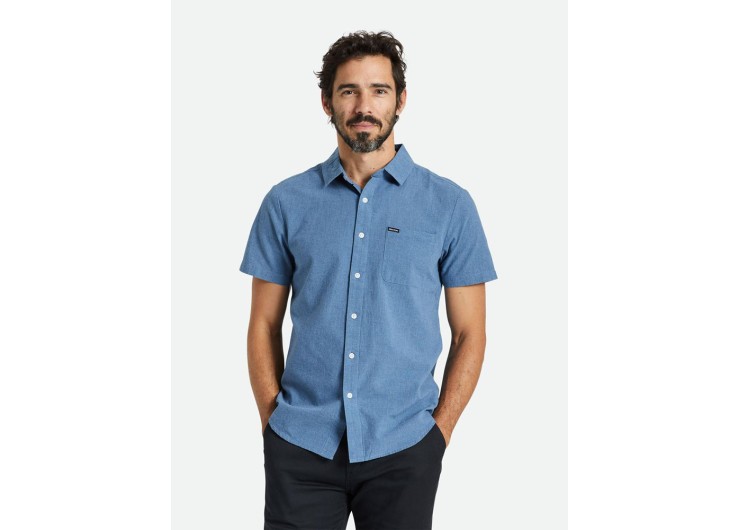 BRIXTON Charter Textured Weave Short Sleeve Shirt [Heather Pacific Blue]