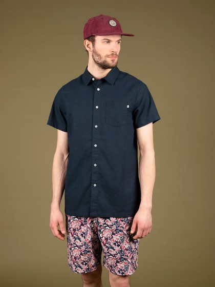 WEMOTO Fork Linen Short Sleeve Shirt [Navy Blue]
